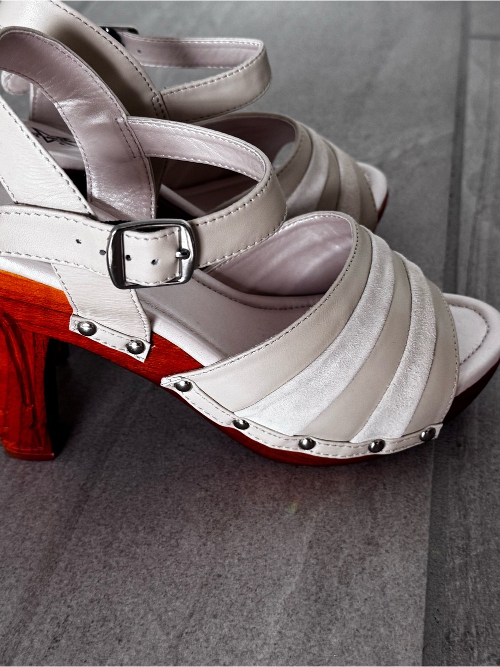 Strappy Cream Leather Block-Heel Sandals with Stud Detail